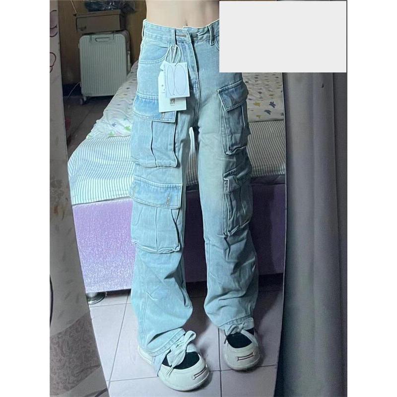 美式復古高個子加長淺色工裝牛仔褲女寬鬆垂墜感多口袋拖地寬褲子-細節圖2