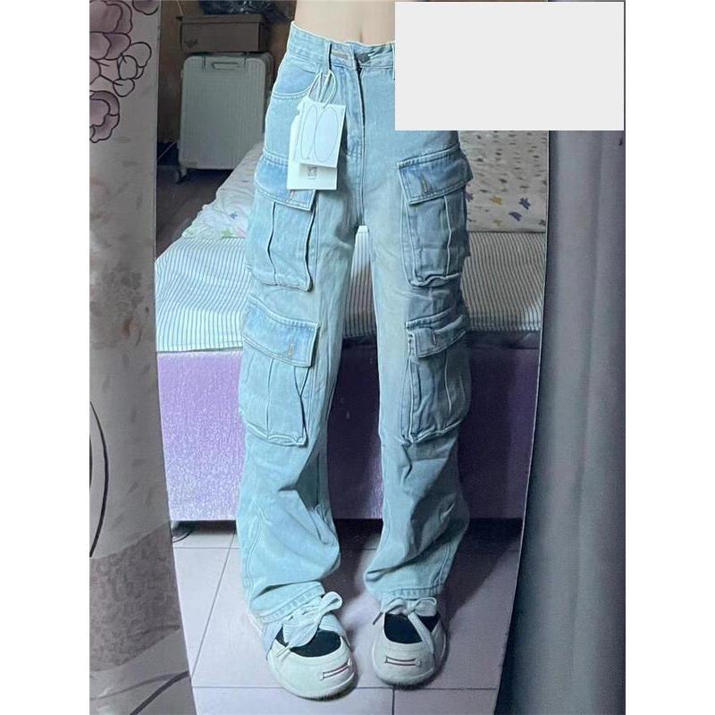 美式復古高個子加長淺色工裝牛仔褲女寬鬆垂墜感多口袋拖地寬褲子-細節圖3