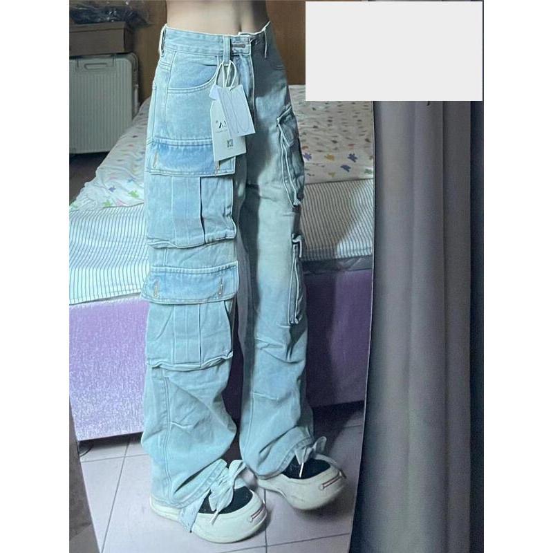 美式復古高個子加長淺色工裝牛仔褲女寬鬆垂墜感多口袋拖地寬褲子-細節圖4