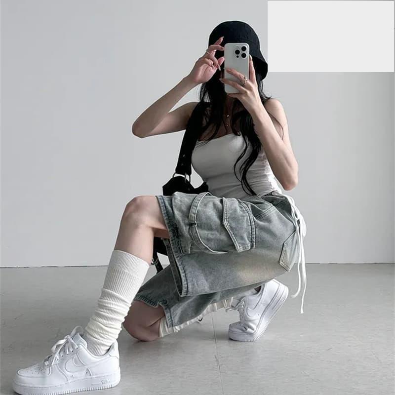 韓國chic鬆緊高腰水洗寬鬆百搭立體口袋闊腿五分牛仔短褲女-細節圖3