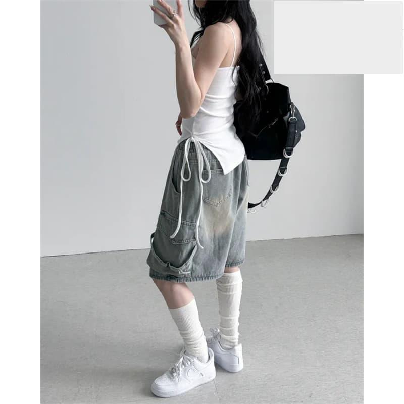 韓國chic鬆緊高腰水洗寬鬆百搭立體口袋闊腿五分牛仔短褲女-細節圖4