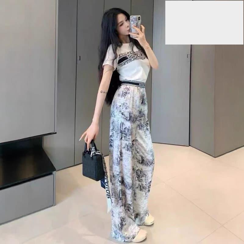 巨好看的時尚運動套裝女夏季高級感白色T恤暈染寬褲休閒兩件套-細節圖2