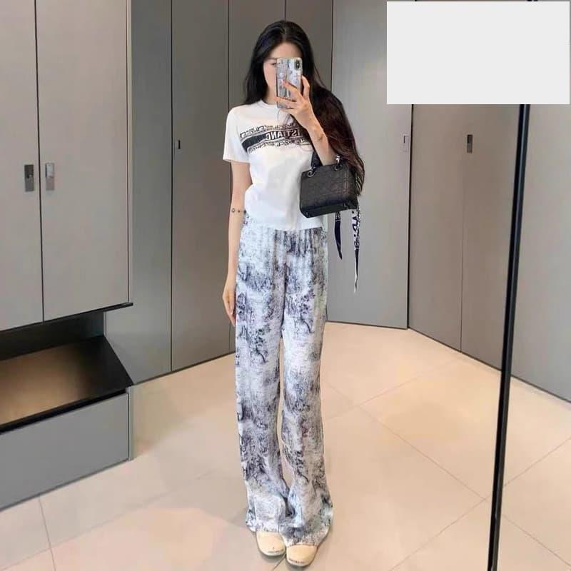 巨好看的時尚運動套裝女夏季高級感白色T恤暈染寬褲休閒兩件套-細節圖3