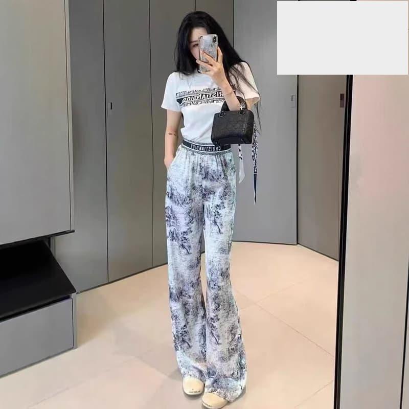 巨好看的時尚運動套裝女夏季高級感白色T恤暈染寬褲休閒兩件套-細節圖4