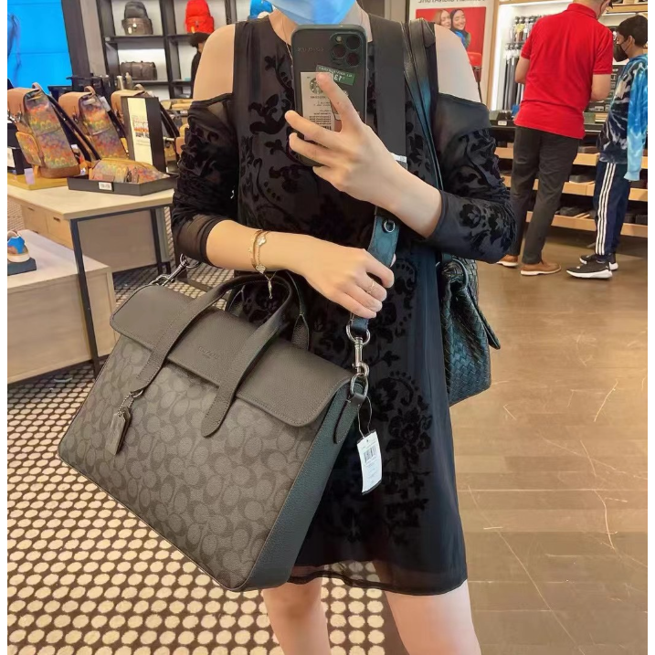 Coach 9873 經典印花拼牛皮男士公事包 公文包 斜背包-細節圖2