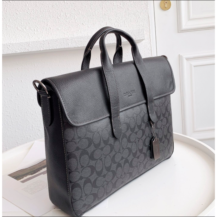 Coach 9873 經典印花拼牛皮男士公事包 公文包 斜背包-細節圖5