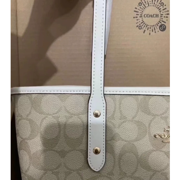 美國奧萊Coach蔻馳City30白色奶茶托特包拉鏈款單肩購物袋托特包-細節圖4