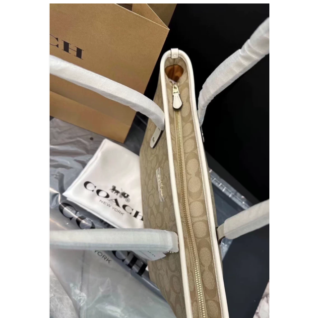 美國奧萊Coach蔻馳City30白色奶茶托特包拉鏈款單肩購物袋托特包-細節圖5