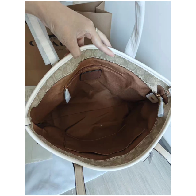 美國奧萊Coach蔻馳City30白色奶茶托特包拉鏈款單肩購物袋托特包-細節圖6