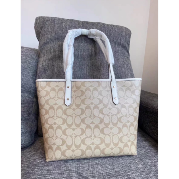 美國奧萊Coach蔻馳City30白色奶茶托特包拉鏈款單肩購物袋托特包-細節圖7