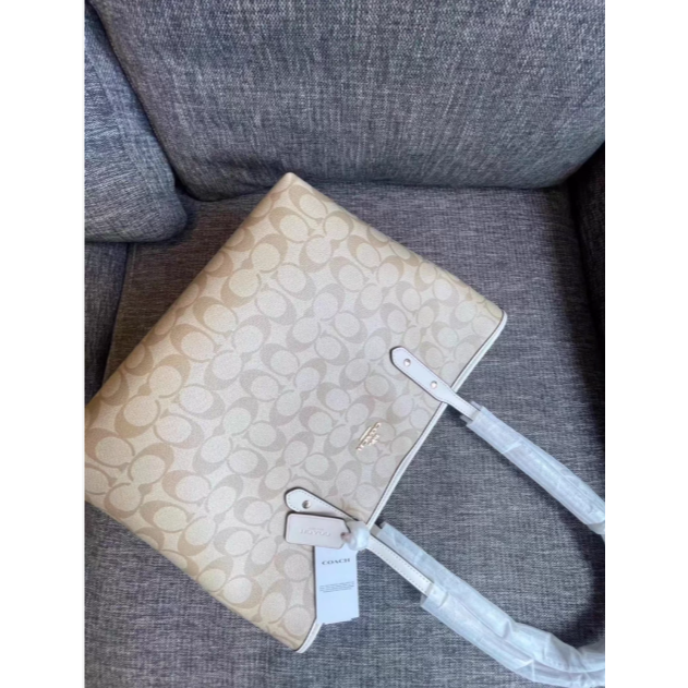 美國奧萊Coach蔻馳City30白色奶茶托特包拉鏈款單肩購物袋托特包-細節圖8