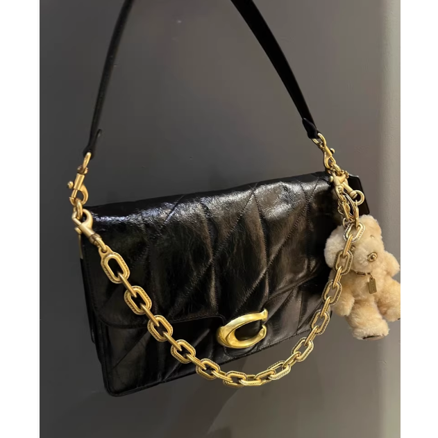 coach 蔻馳Chain Tabby黑色油蠟皮包 配金色鏈條  頂配軟包-細節圖2