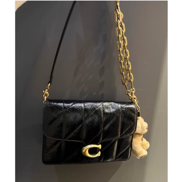 coach 蔻馳Chain Tabby黑色油蠟皮包 配金色鏈條  頂配軟包-細節圖3