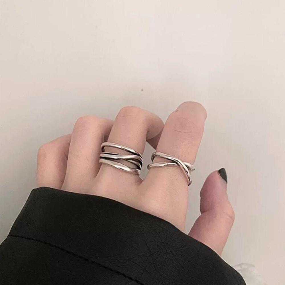 復古銀 S925 開口戒指 銀戒 多層曲線 交叉曲線 現貨 實拍 純銀戒指 女戒 女生戒指 簡約 藝術 SR058-細節圖2