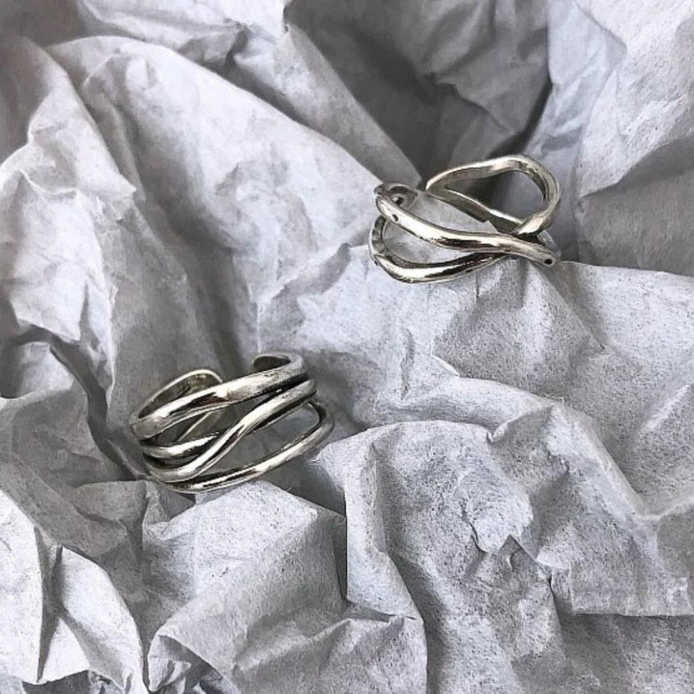 復古銀 S925 開口戒指 銀戒 多層曲線 交叉曲線 現貨 實拍 純銀戒指 女戒 女生戒指 簡約 藝術 SR058-細節圖3