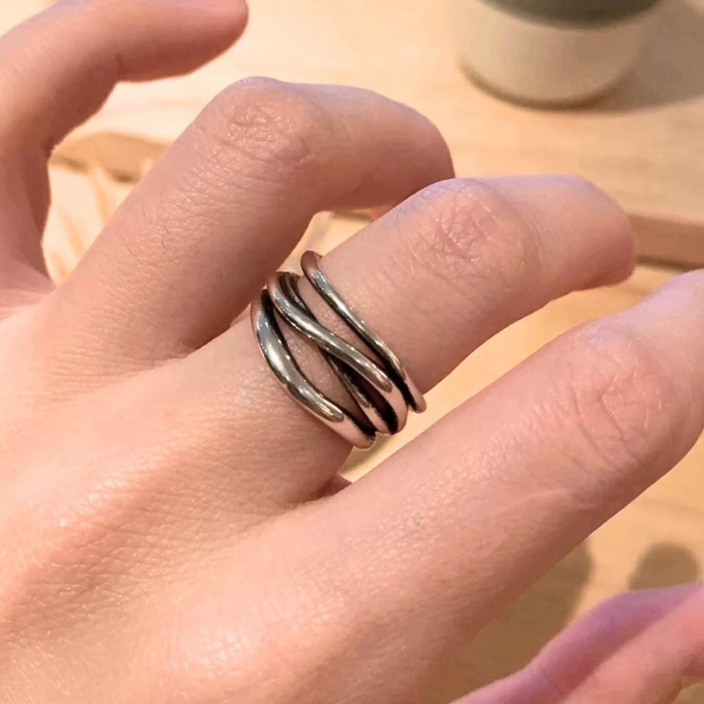 復古銀 S925 開口戒指 銀戒 多層曲線 交叉曲線 現貨 實拍 純銀戒指 女戒 女生戒指 簡約 藝術 SR058-細節圖4