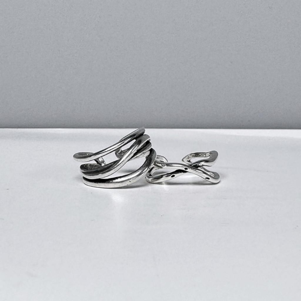 復古銀 S925 開口戒指 銀戒 多層曲線 交叉曲線 現貨 實拍 純銀戒指 女戒 女生戒指 簡約 藝術 SR058-細節圖7