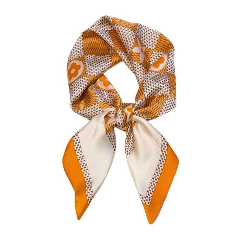 格紋 小花 方巾 絲巾 頭巾 領巾 現貨 橘色 棋盤格 簡約 質感 髮帶 包巾 脖圍 飾品 小方巾 SA051_1-細節圖2