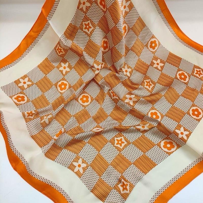 格紋 小花 方巾 絲巾 頭巾 領巾 現貨 橘色 棋盤格 簡約 質感 髮帶 包巾 脖圍 飾品 小方巾 SA051_1-細節圖3