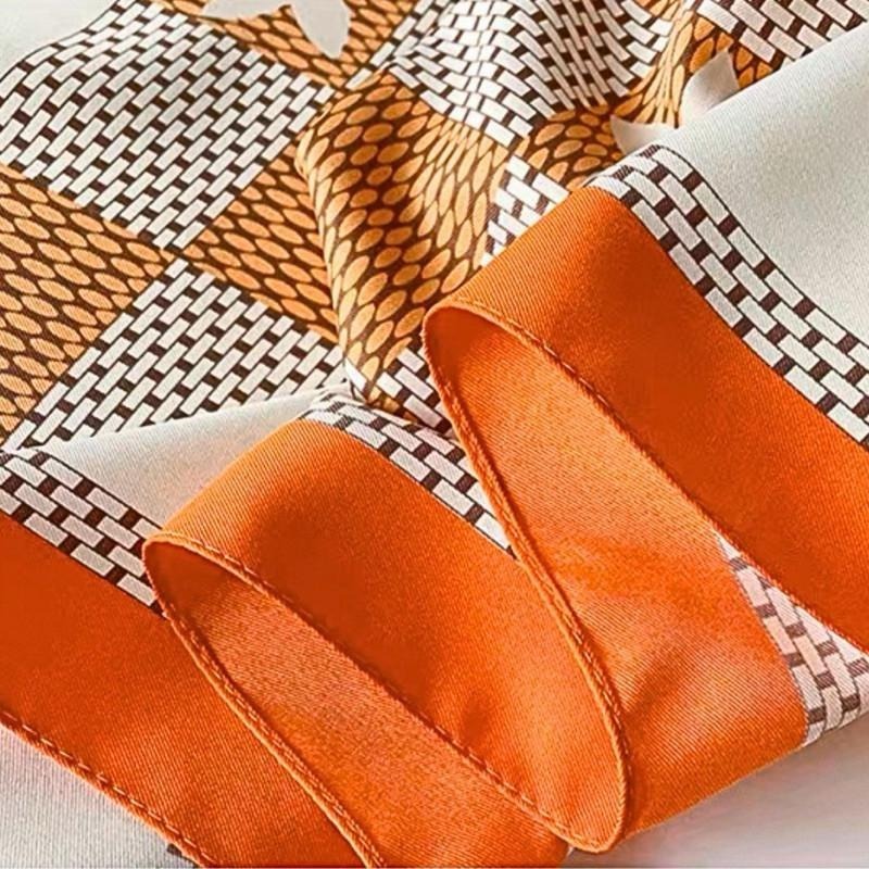 格紋 小花 方巾 絲巾 頭巾 領巾 現貨 橘色 棋盤格 簡約 質感 髮帶 包巾 脖圍 飾品 小方巾 SA051_1-細節圖4