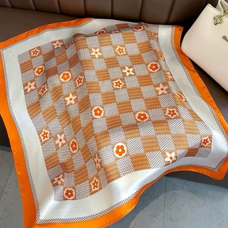 格紋 小花 方巾 絲巾 頭巾 領巾 現貨 橘色 棋盤格 簡約 質感 髮帶 包巾 脖圍 飾品 小方巾 SA051_1-細節圖6