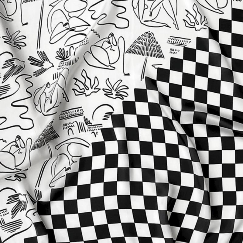 方巾 絲巾 頭巾 領巾 手繪 塗鴉 現貨 韓系 拼接 髮飾 棋盤格 簡約 黑白 配飾 春夏 SA008-細節圖5