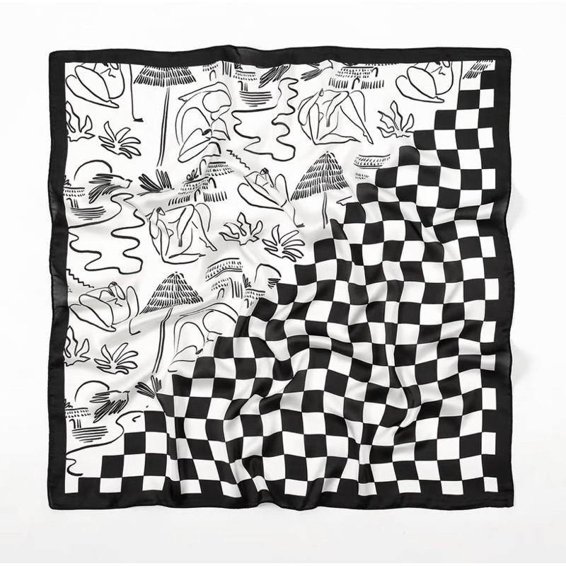 方巾 絲巾 頭巾 領巾 手繪 塗鴉 現貨 韓系 拼接 髮飾 棋盤格 簡約 黑白 配飾 春夏 SA008-細節圖6