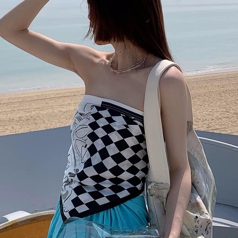 方巾 絲巾 頭巾 領巾 手繪 塗鴉 現貨 韓系 拼接 髮飾 棋盤格 簡約 黑白 配飾 春夏 SA008-細節圖8