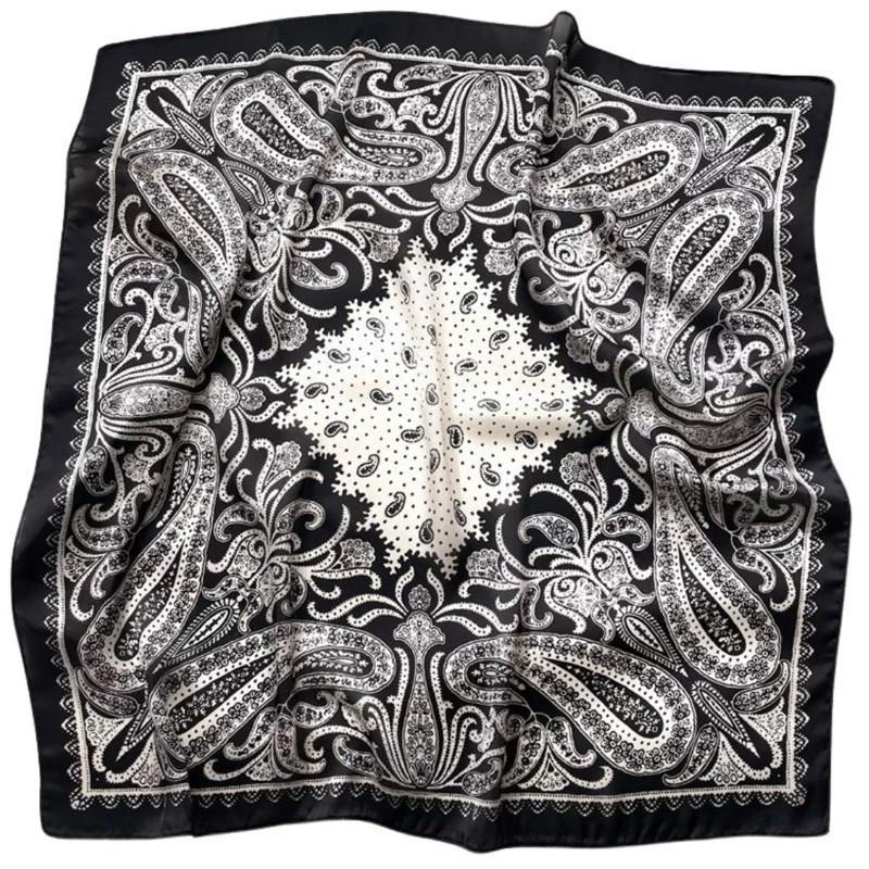 大腰果花 方巾 絲巾 頭巾 領巾 現貨 黑色 變形蟲 簡約 質感 髮帶 包巾 脖圍 飾品 小方巾 時尚 SA059-細節圖4