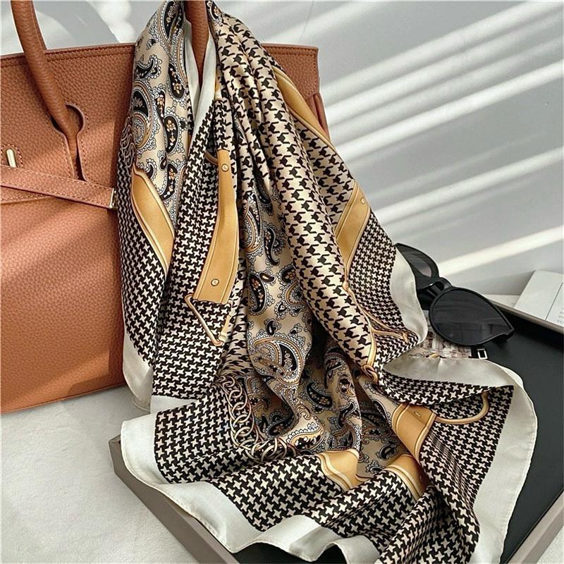 馬銜釦 方巾 絲巾 領巾 頭巾 現貨 變形蟲 拼接 包巾 氣質 大地色 韓系 質感 配飾 春夏 SA012-細節圖2