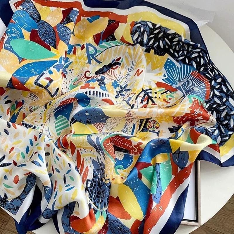 塗鴉風 方巾 絲巾 頭巾 現貨 拼接 簡約 質感 領巾 髮帶 春夏 包巾 脖圍 配件 彩色 SA055-細節圖2