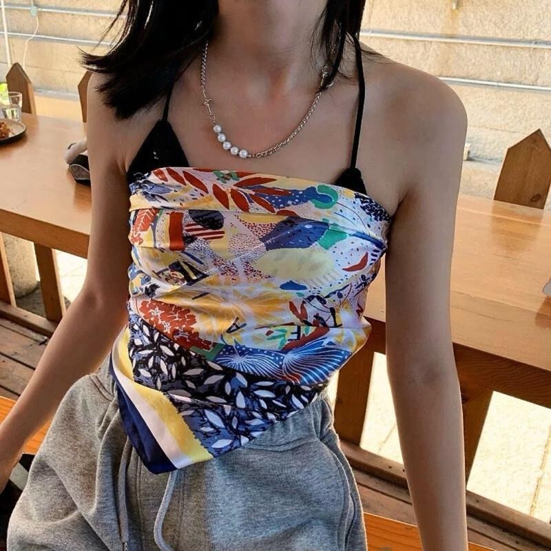 塗鴉風 方巾 絲巾 頭巾 現貨 拼接 簡約 質感 領巾 髮帶 春夏 包巾 脖圍 配件 彩色 SA055-細節圖7