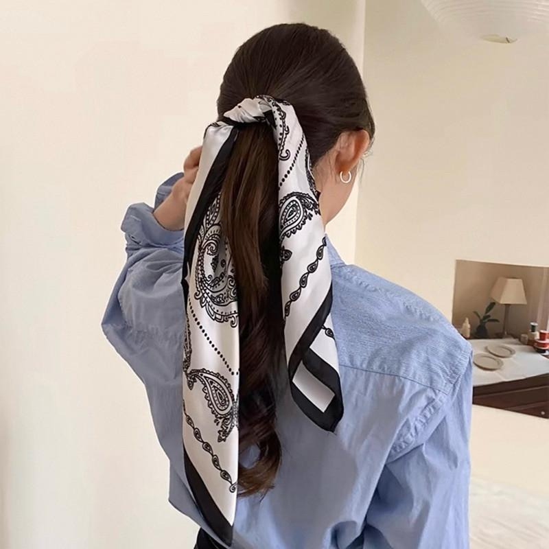 腰果花 方巾 絲巾 頭巾 現貨 黑白 拼色 拼接 簡約 質感 領巾 髮帶 復古 夏天 脖圍 飾品 配件 SA049-細節圖4