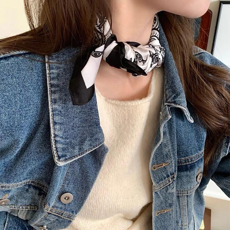 腰果花 方巾 絲巾 頭巾 現貨 黑白 拼色 拼接 簡約 質感 領巾 髮帶 復古 夏天 脖圍 飾品 配件 SA049-細節圖7