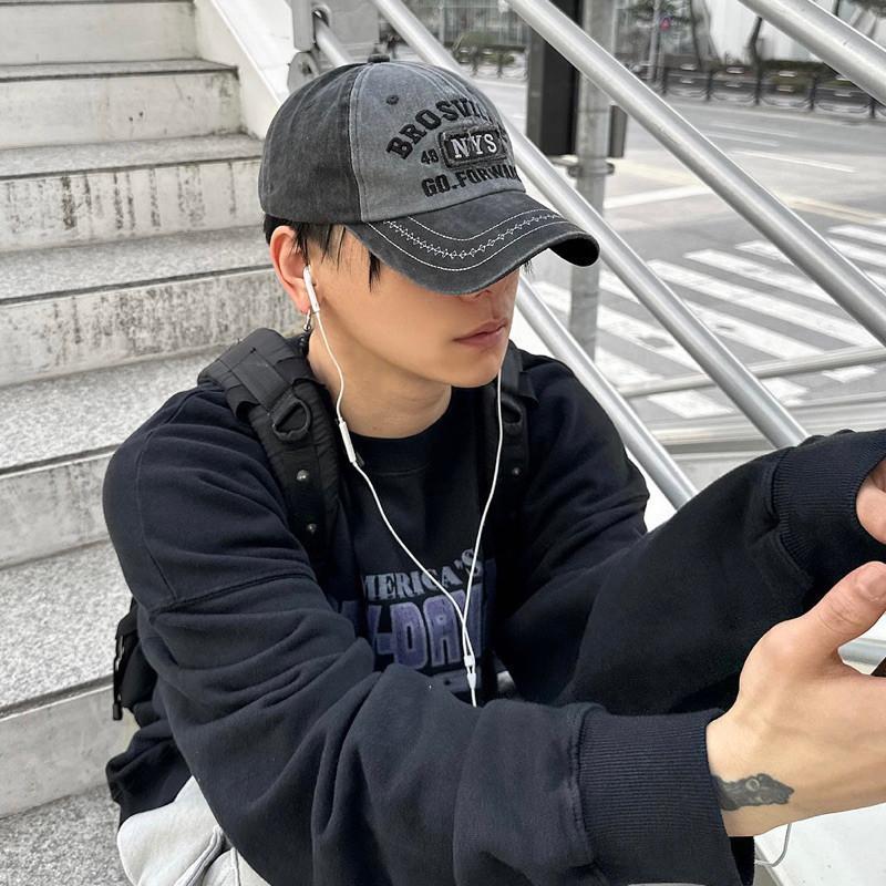 現貨 韓國同款 NYS 復古棒球帽老帽 帽子 帽子男 男生帽子 破損 貼布 彎檐帽 個性 棒球帽 破壞 仿舊 拼接 刺繡-細節圖3