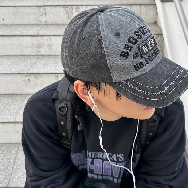 現貨 韓國同款 NYS 復古棒球帽老帽 帽子 帽子男 男生帽子 破損 貼布 彎檐帽 個性 棒球帽 破壞 仿舊 拼接 刺繡-細節圖5