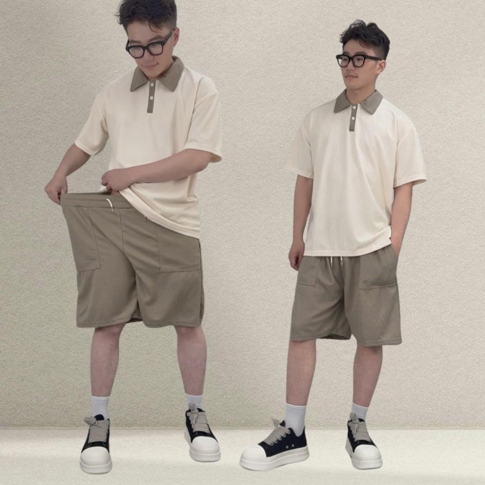 現貨 實拍 鹽系男 休閒套裝 短袖 短褲 素面 奶茶色 杏色 摩卡 淺杏 polo衫 華夫格 紋理 SCS002-細節圖3