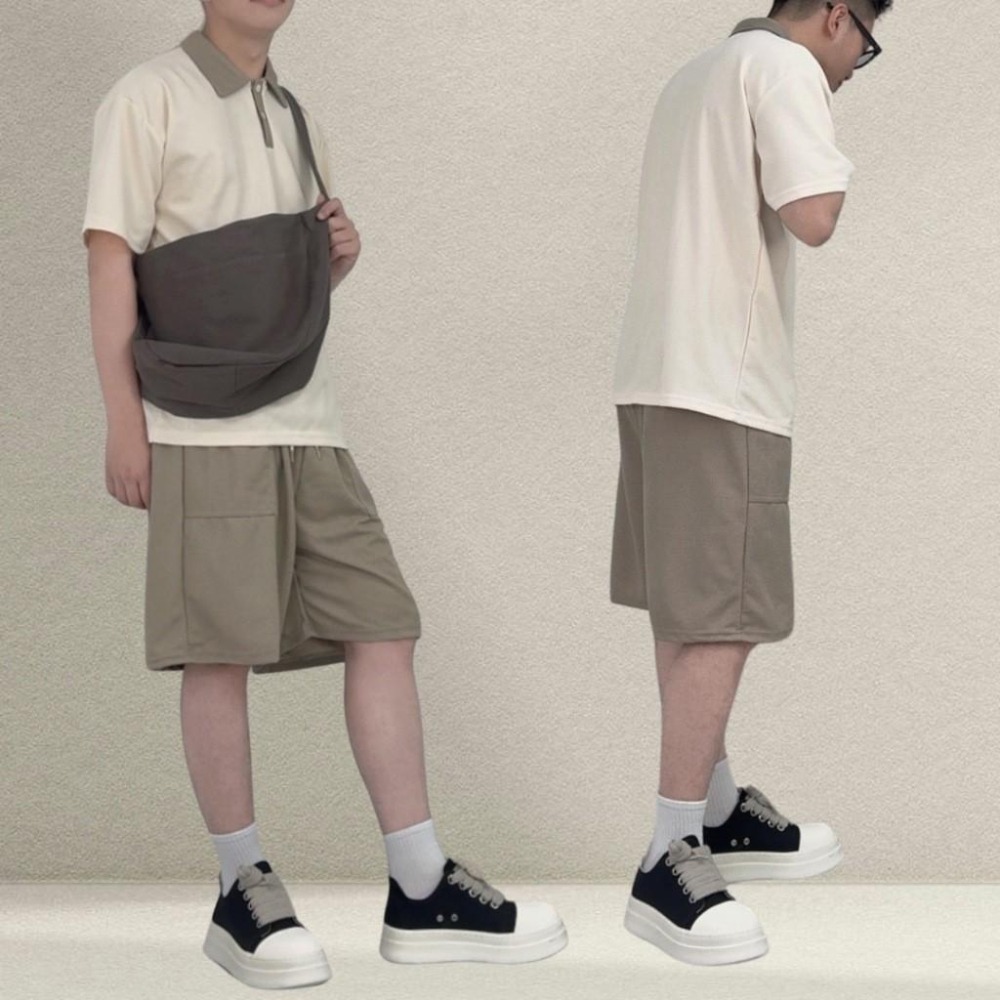 現貨 實拍 鹽系男 休閒套裝 短袖 短褲 素面 奶茶色 杏色 摩卡 淺杏 polo衫 華夫格 紋理 SCS002-細節圖4