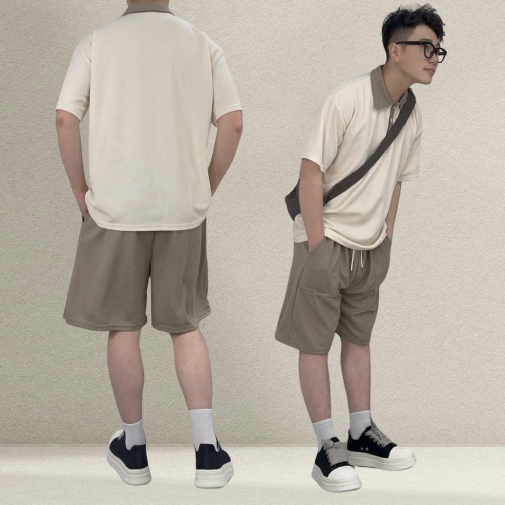 現貨 實拍 鹽系男 休閒套裝 短袖 短褲 素面 奶茶色 杏色 摩卡 淺杏 polo衫 華夫格 紋理 SCS002-細節圖5