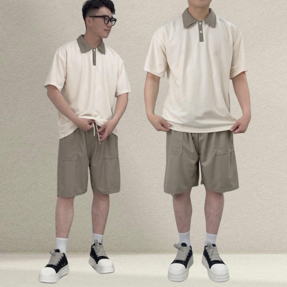 現貨 實拍 鹽系男 休閒套裝 短袖 短褲 素面 奶茶色 杏色 摩卡 淺杏 polo衫 華夫格 紋理 SCS002-細節圖6