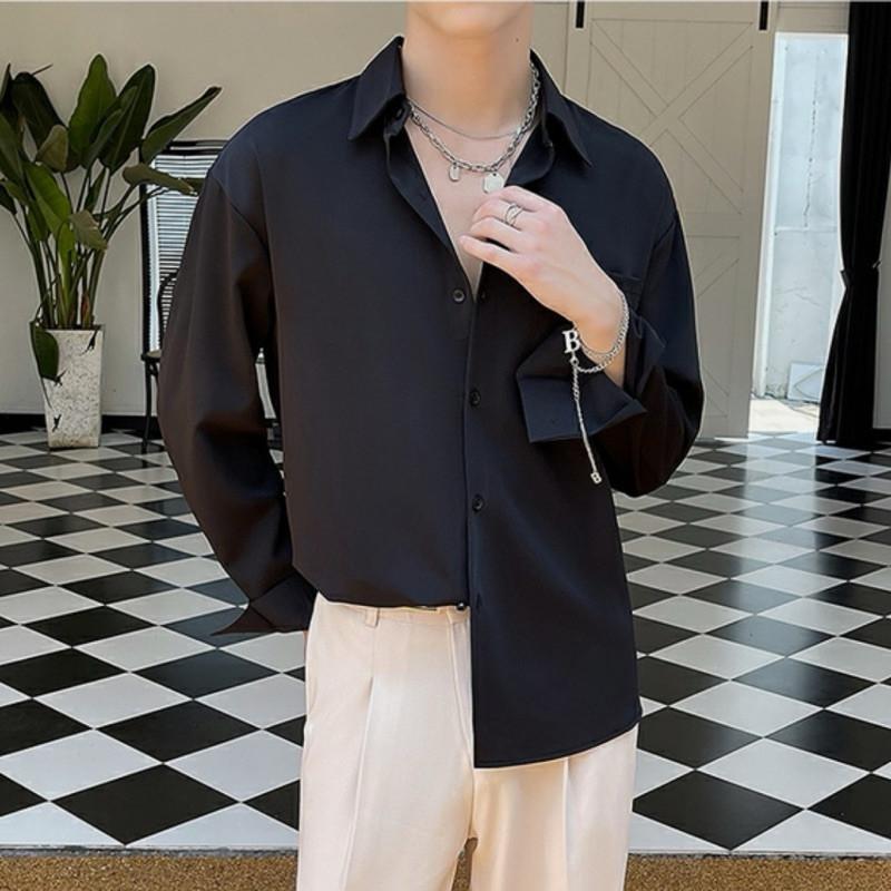 現貨3色 時尚氛圍 雪紡襯衫 長袖襯衫 男生襯衫 口袋 白襯衫 黑襯衫 大地色 白色 襯衫 黑色 垂墜感 短袖 素面-細節圖2