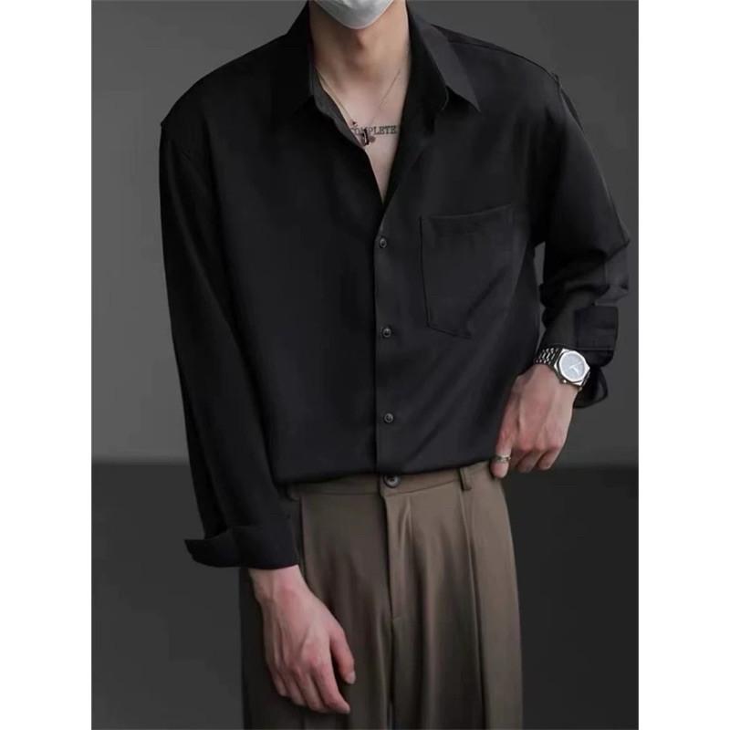 現貨3色 時尚氛圍 雪紡襯衫 長袖襯衫 男生襯衫 口袋 白襯衫 黑襯衫 大地色 白色 襯衫 黑色 垂墜感 短袖 素面-細節圖5