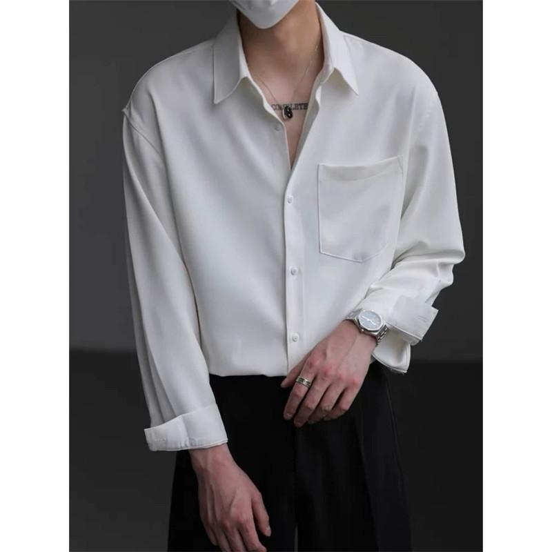 現貨3色 時尚氛圍 雪紡襯衫 長袖襯衫 男生襯衫 口袋 白襯衫 黑襯衫 大地色 白色 襯衫 黑色 垂墜感 短袖 素面-細節圖6