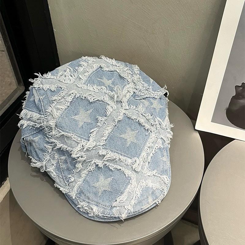 現貨2色 韓風星星破損帽 小偷帽 前進帽 牛仔帽子-細節圖3