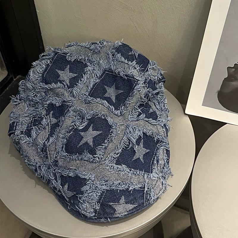 現貨2色 韓風星星破損帽 小偷帽 前進帽 牛仔帽子-細節圖4