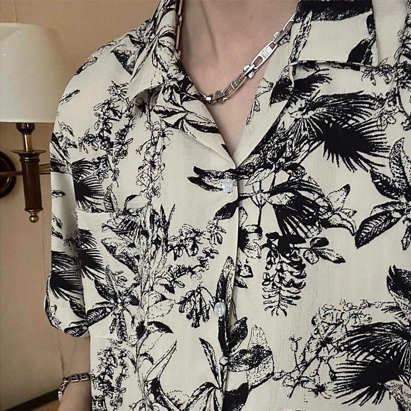 現貨 細節實拍 花卉素描 古巴領 短袖 襯衫 男 上衣 花襯衫 海島  ST033-細節圖2