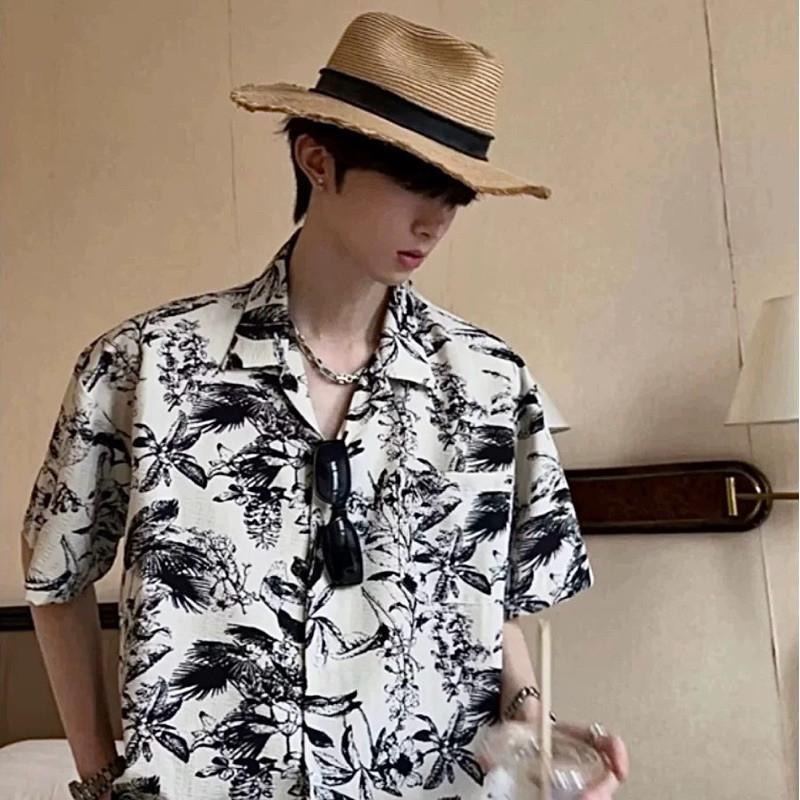 現貨 細節實拍 花卉素描 古巴領 短袖 襯衫 男 上衣 花襯衫 海島  ST033-細節圖3