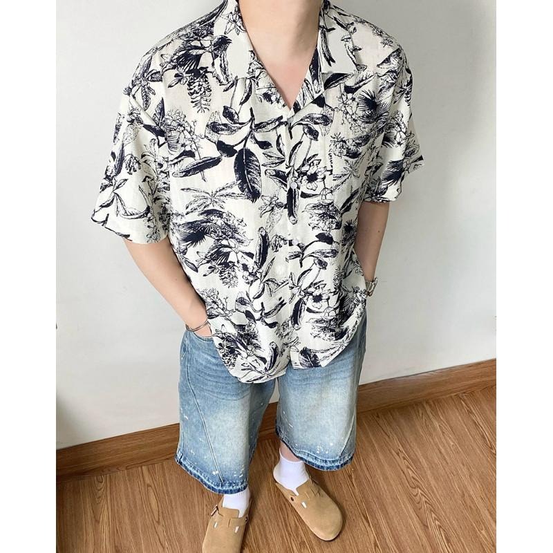 現貨 細節實拍 花卉素描 古巴領 短袖 襯衫 男 上衣 花襯衫 海島  ST033-細節圖6