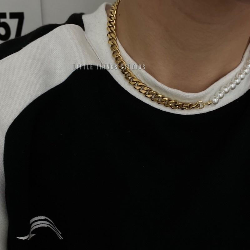 現貨 內實拍 粗獷奢華 珍珠拼接 古巴項鍊 鈦鋼 潮流 男 金色-細節圖2