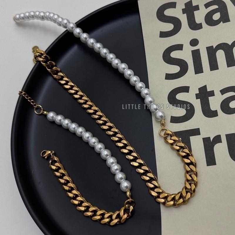 現貨 內實拍 粗獷奢華 珍珠拼接 古巴項鍊 鈦鋼 潮流 男 金色-細節圖3